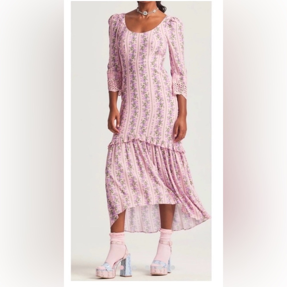 LoveShackFancy Pip Dress - Blushing Pink Floral 3/4 Sleeve High Low Dress